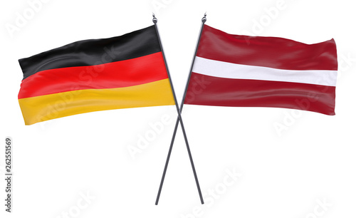 Germany and Latvia, two crossed flags isolated on white background. 3d image