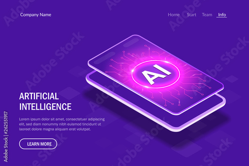 Artificial Intelligence in your phone. Web page template. Isometric concept. Vector editable illustration in hi tech style.