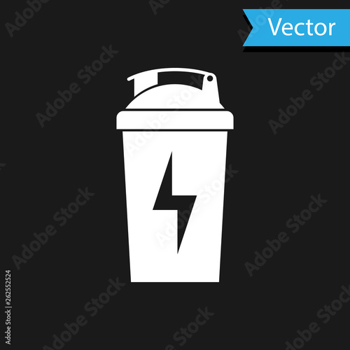 White Fitness shaker icon isolated on black background. Sports shaker bottle with lid for water and protein cocktails. Vector Illustration