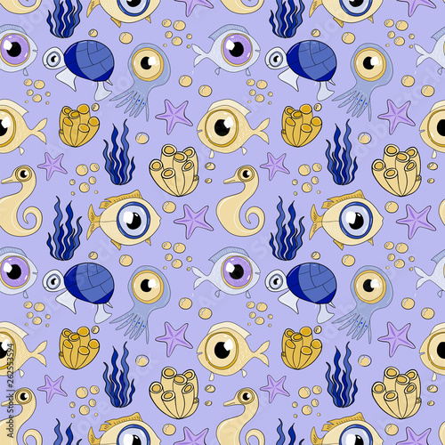 Drawn pattern with underwater inhabitants of the ocean. Art cartoon illustration