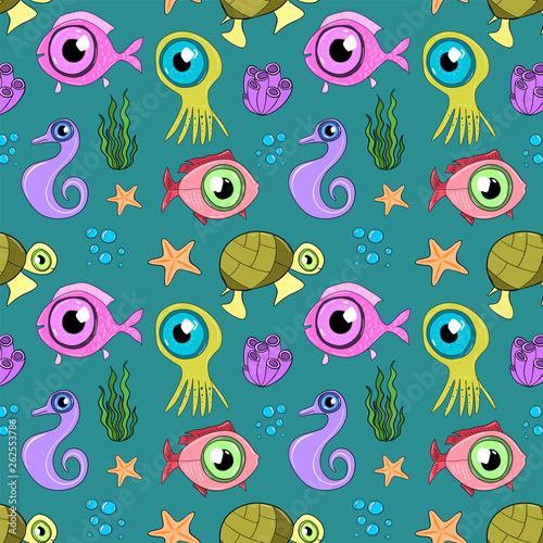 Drawn pattern with underwater inhabitants of the ocean. Art cartoon illustration