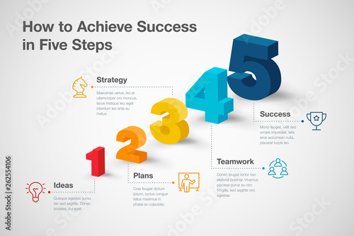 Simple vector infographic for how to achieve success in five steps with colorful 3d numbers and icons. Easy to use for your website or presentation.