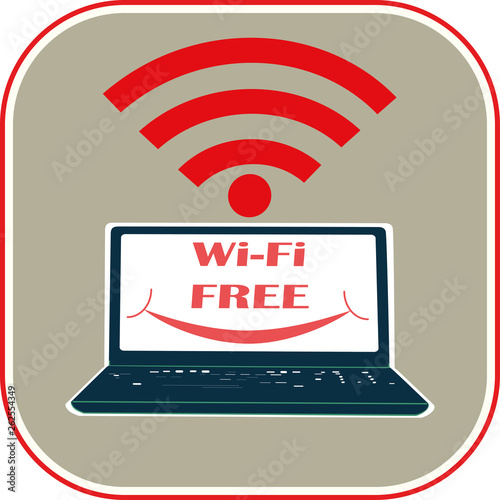 Flat drawing of a laptop. Sign, symbol of free wi-fi. Vector.