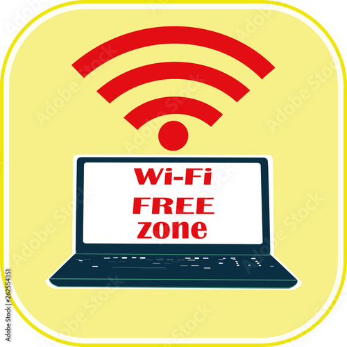 Flat drawing of a laptop. Sign, symbol of free wi-fi. Vector.