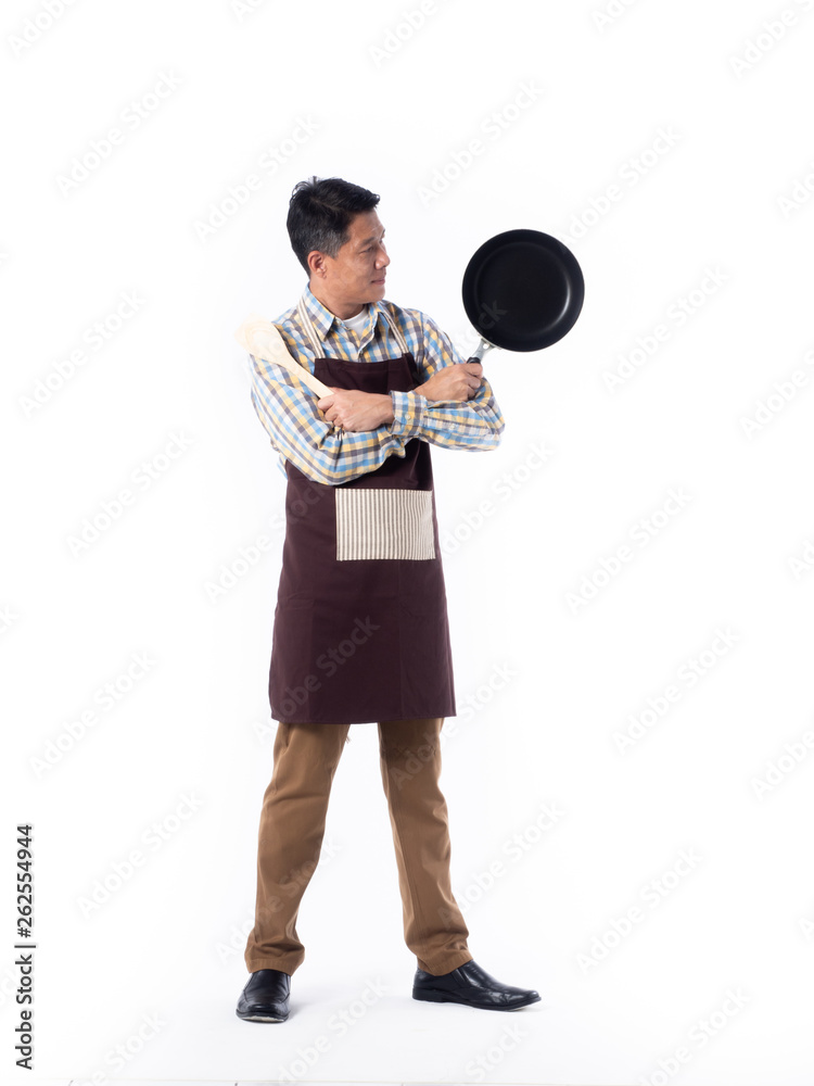 asian cook man with kitchen accessories isolate white background asian cook man with kitchen accessories isolate white background