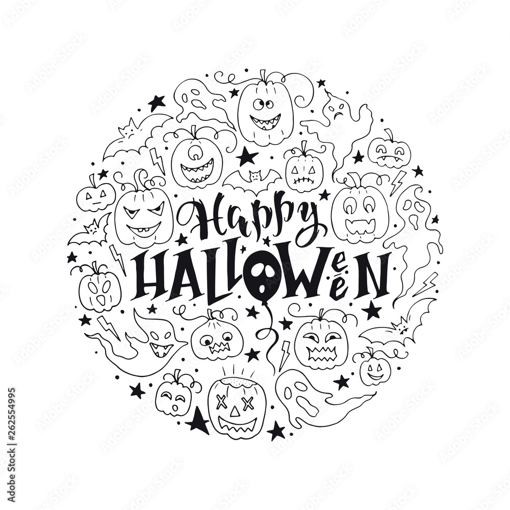 Vector Happy Halloween poster with lettering and pumpkins