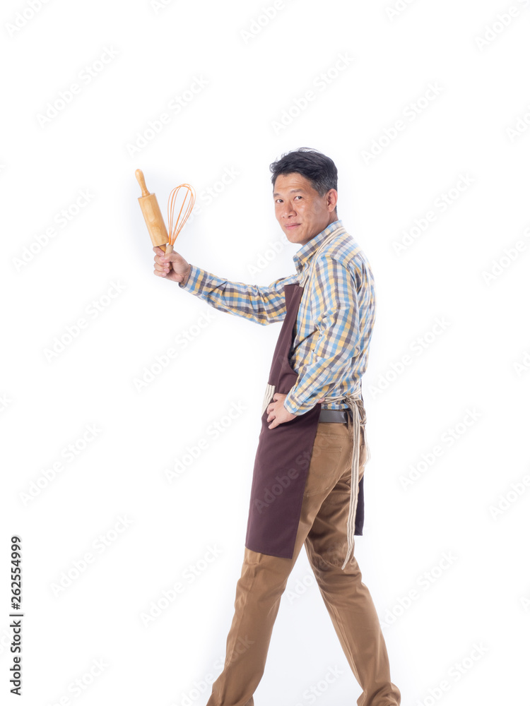 asian cook man with kitchen accessories isolate white background asian cook man with kitchen accessories isolate white background