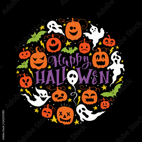 Vector Happy Halloween poster with lettering and pumpkins
