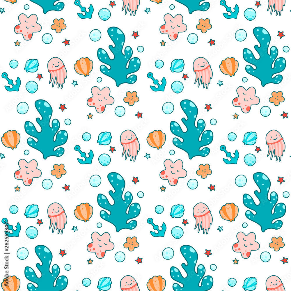Seamless pattern with sea characters and plants, in Japanese style