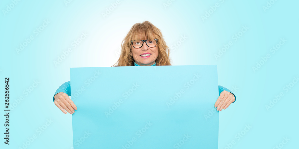 woman with poster or space for text