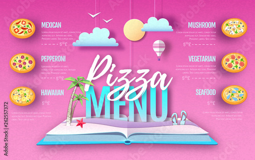 Pizza menu design. Cut out paper art style design. Origami