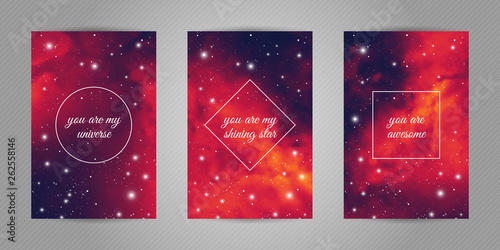 Set of romantic postcards for beloved with space and stars background and love quotes
