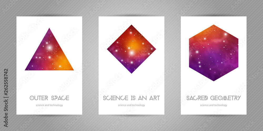 Scientific 4x6 postcards with copy space. Hipster geometry shapes with space texture. Vector design for music albums, posters, flyers, mobile applications or corporate identity.