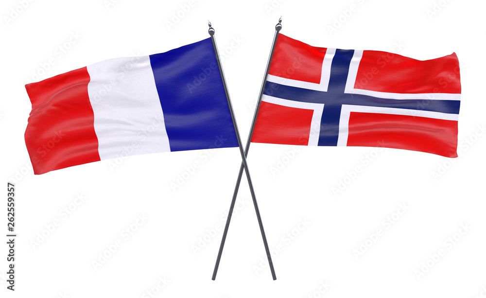 France and Norway, two crossed flags isolated on white background. 3d image