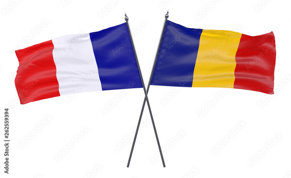 France and Romania, two crossed flags isolated on white background. 3d image
