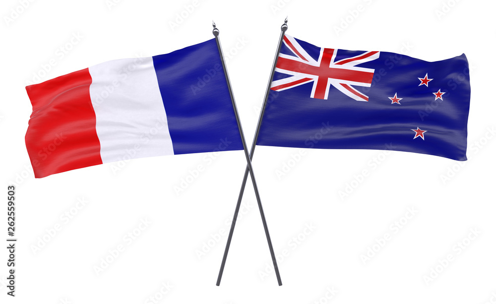 France and New Zealand, two crossed flags isolated on white background. 3d image