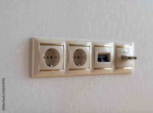 Many types of electrical outlets, switches, internet and tv outlets within and within different scenery and premises.