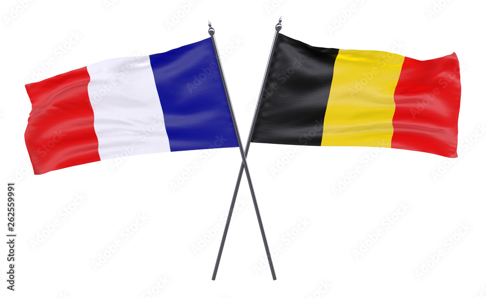 France and Belgium, two crossed flags isolated on white background. 3d image France and Belgium, two crossed flags isolated on white background. 3d image