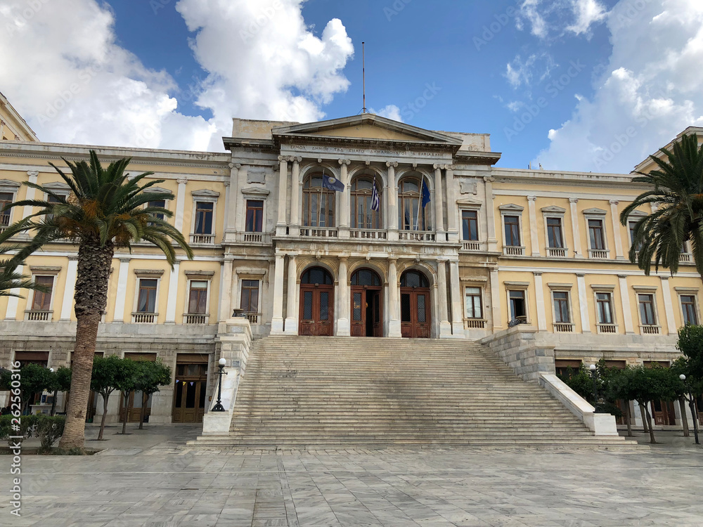 The white marble municipal hall of Ermoupolis in Syros island, Greece.