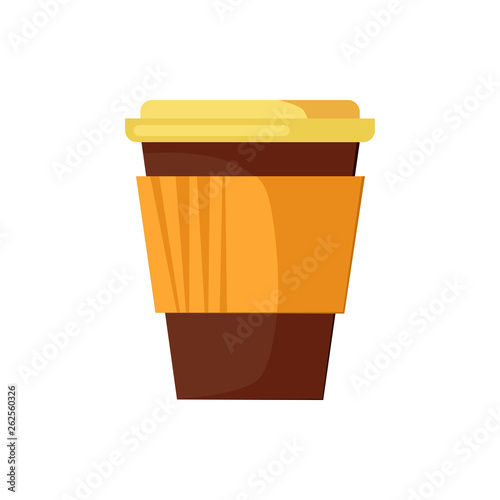 Hot takeaway drink. Paper disposable cup with plastic lid. Takeaway cups concept. Vector illustration can be used for topics like beverage, fast food, coffee shop, plastic