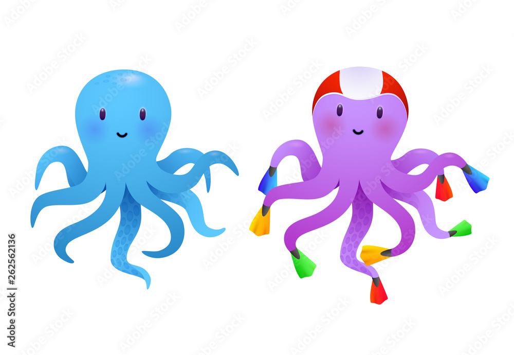 Cartoon octopuses set. Blue and violet octopus wearing colorful flippers and swimming cap. Seaside concept Realistic vector illustration can be used for vacation, sea, sea life