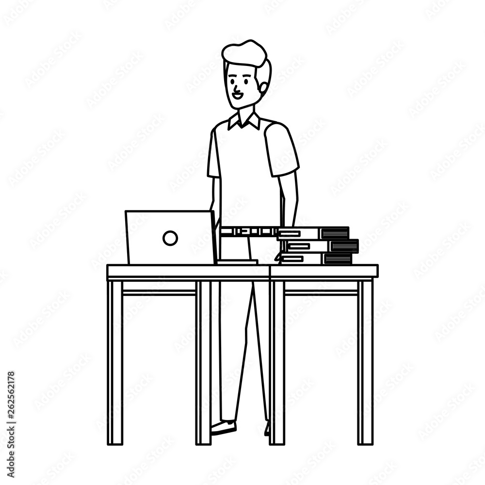 young teacher in desk with laptop and books young teacher in desk with laptop and books