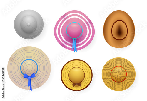 Summer hats set. Top view, cowboy, straw, blue ribbon, pink. Summertime concept Realistic vector illustration can be used for vacation, beach, head protection