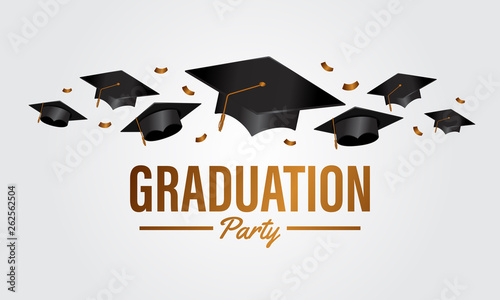 education concept graduation party banner with group cap and golden confetti