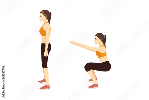 Exercise guide by Woman doing air squat in 2 steps in side view for strengthens entire lower body. Illustration about workout. © logo3in1