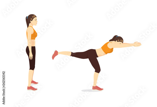 Woman doing Exercise guide by Single Leg Reach in 2 step. Illustration about workout posture.