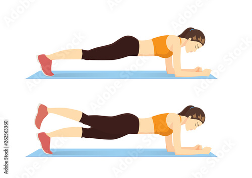 Exercise guide by Woman doing Plank leg raises in 2 steps on blue mat. Illustration about workout posture introduction.