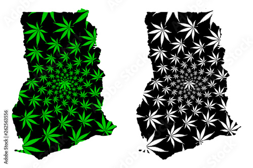 Ghana - map is designed cannabis leaf green and black, Republic of Ghana map made of marijuana (marihuana,THC) foliage, photo