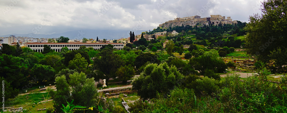 Athens, Greece panorama with Acropolis ancient Agora and Stoa of Attalos. Panoramic view.
