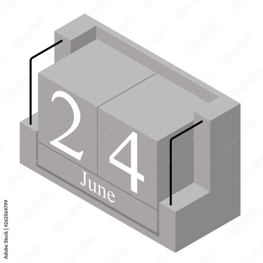 June 24th date on a single day calendar. Gray wood block calendar present date 24 and month June isolated on white background. Holiday. Season. Vector isometric illustration June 24th date on a single day calendar. Gray wood block calendar present date 24 and month June isolated on white background. Holiday. Season. Vector isometric illustration