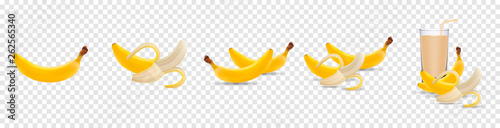 Set of 3d vector realistic illustration bananas. Banana, half peeled banana, banana juice isolated on transparent background, banana icon, eps 10