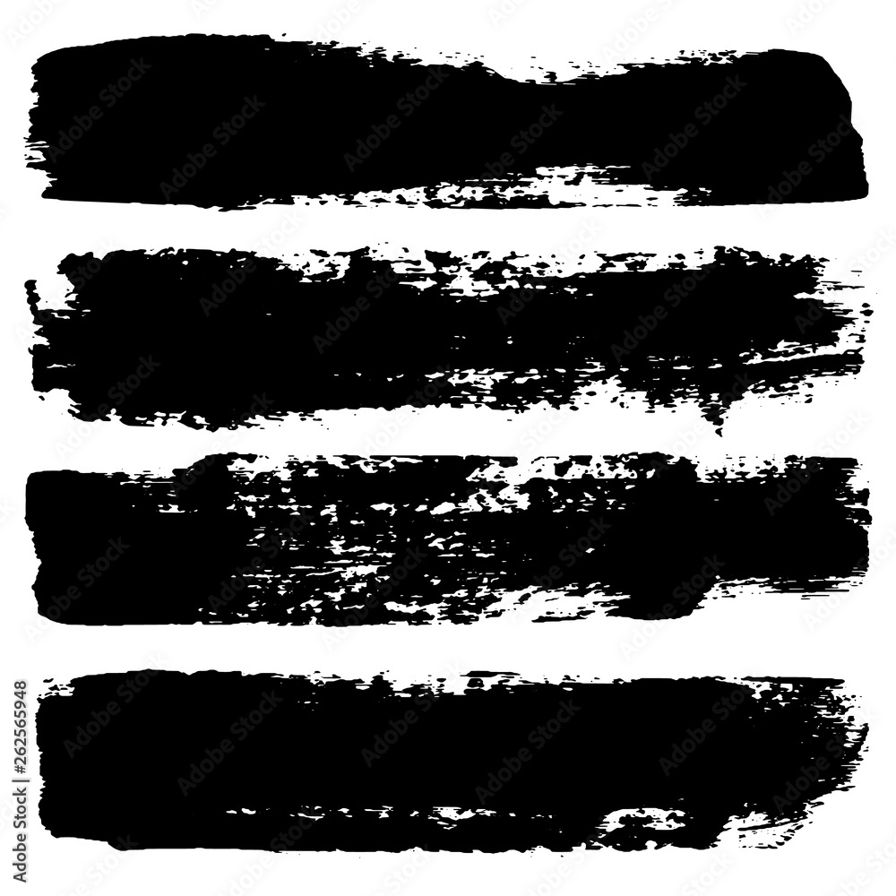 Vector set of hand drawn brush strokes. One color monochrome graphic resources. Grunge roller, black stripes isolated, ink lines.