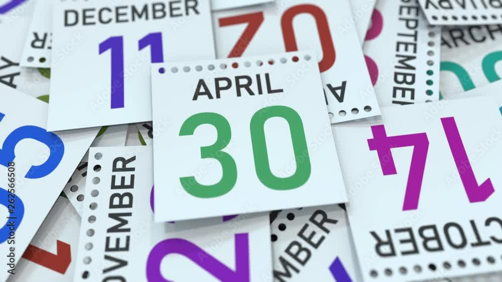 Calendar page shows April 30 date, 3D animation Calendar page shows April 30 date, 3D animation