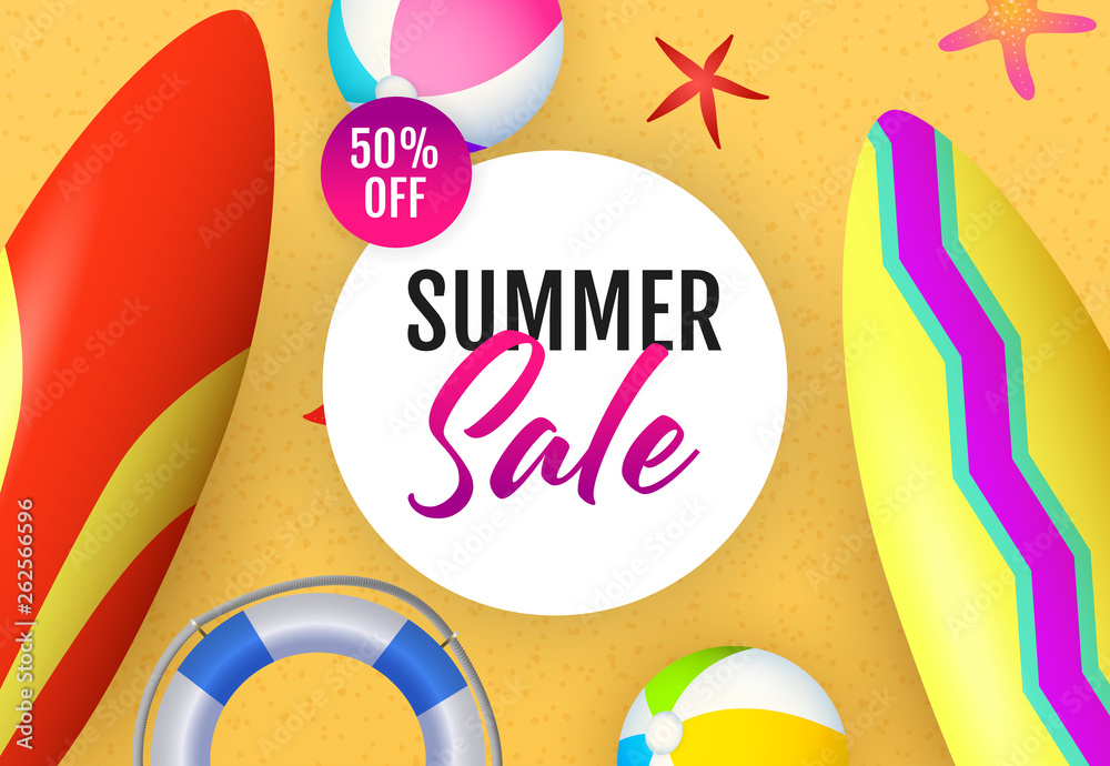 Summer Sale lettering, surfboards, beach balls and lifebuoy. Tourism, summer offer or shopping design. Handwritten and typed text, calligraphy. For leaflets, invitations, posters or banners.