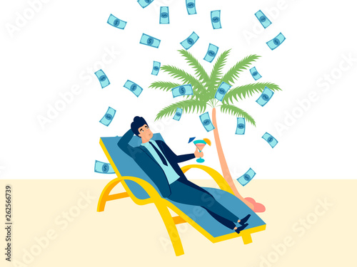 A rich businessman is resting on the beach. Beach holiday background. Flat style. Cartoon vector
