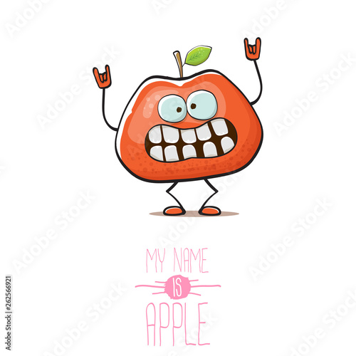 vector funny cartoon cute red apple character isolated on white background. My name is apple vector concept. super funky fruit summer food character