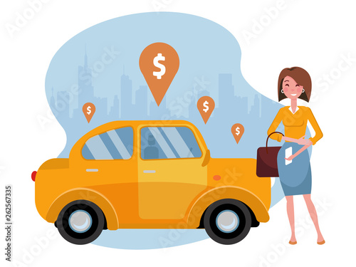 Young woman requesting ride on cell phone. Rent a car using mobile app. Online carshering concept. Yellow car on background of silhouette of city and geolocation sign.Vector flat cartoon illustration