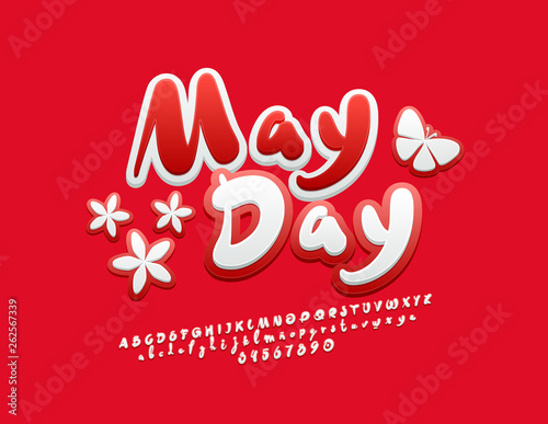 Vector red and white card May Day. Handwritten trendy Font. Set of Alphabet Letters, Numbers and Symbols