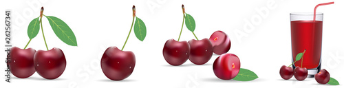 Highly realistic vector ripe juicy cherry, natural texture. Templates advertising juice, healthy lifestyle, diet, nutrition. Sweet Vector 3D Realistic Cherry, isolated on white background. epa 10