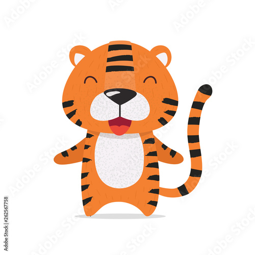 Cute red striped little tiger smiles and hugs. The tiger cub is happy. Flat hand drawn illustration kid's poster. Lazy cartoon animal character set. Child theme.