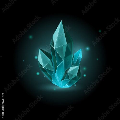 Magic Blue Crystal with Sparkle. Decoration icon for Games. Cartoon crystals Illustration. Stone Healing Energy on Black Background