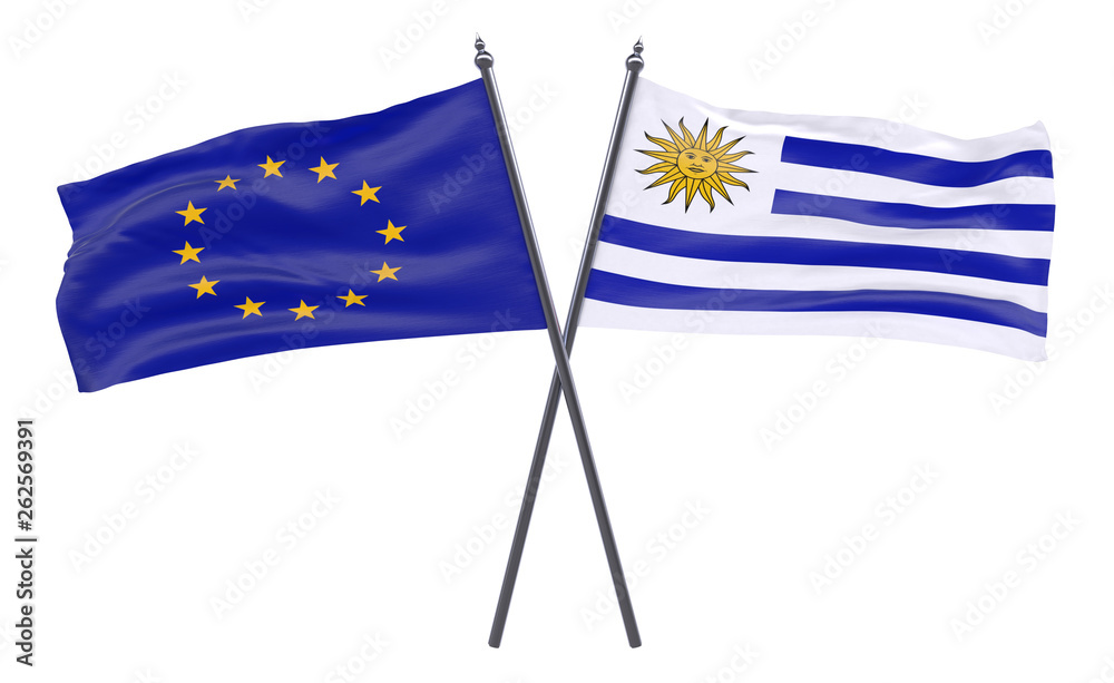 Fototapeta premium European Union and Uruguay, two crossed flags isolated on white background. 3d image