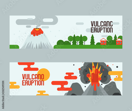 Volcano vector eruption volcanism explosion convulsion of nature volcanic in mountains illustration backdrop poster set of volcanology background wallpaper