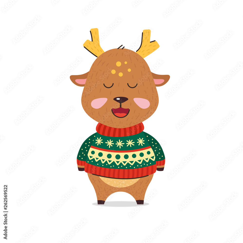 Cute little deer smiles. Deer in Christmas sweater with patterns. Red-green warm sweater. Happy New Year. Santa's Helper. Flat hand drawn illustration kid's poster. Cartoon animal character set. Cute little deer smiles. Deer in Christmas sweater with patterns. Red-green warm sweater. Happy New Year. Santa's Helper. Flat hand drawn illustration kid's poster. Cartoon animal character set.