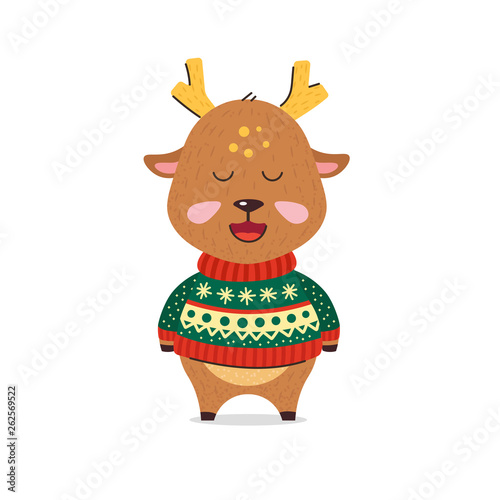 Cute little deer smiles. Deer in Christmas sweater with patterns. Red-green warm sweater. Happy New Year. Santa's Helper. Flat hand drawn illustration kid's poster. Cartoon animal character set.