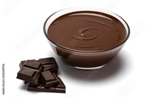glass bowl of chocolate cream or melted chocolate isolated on white